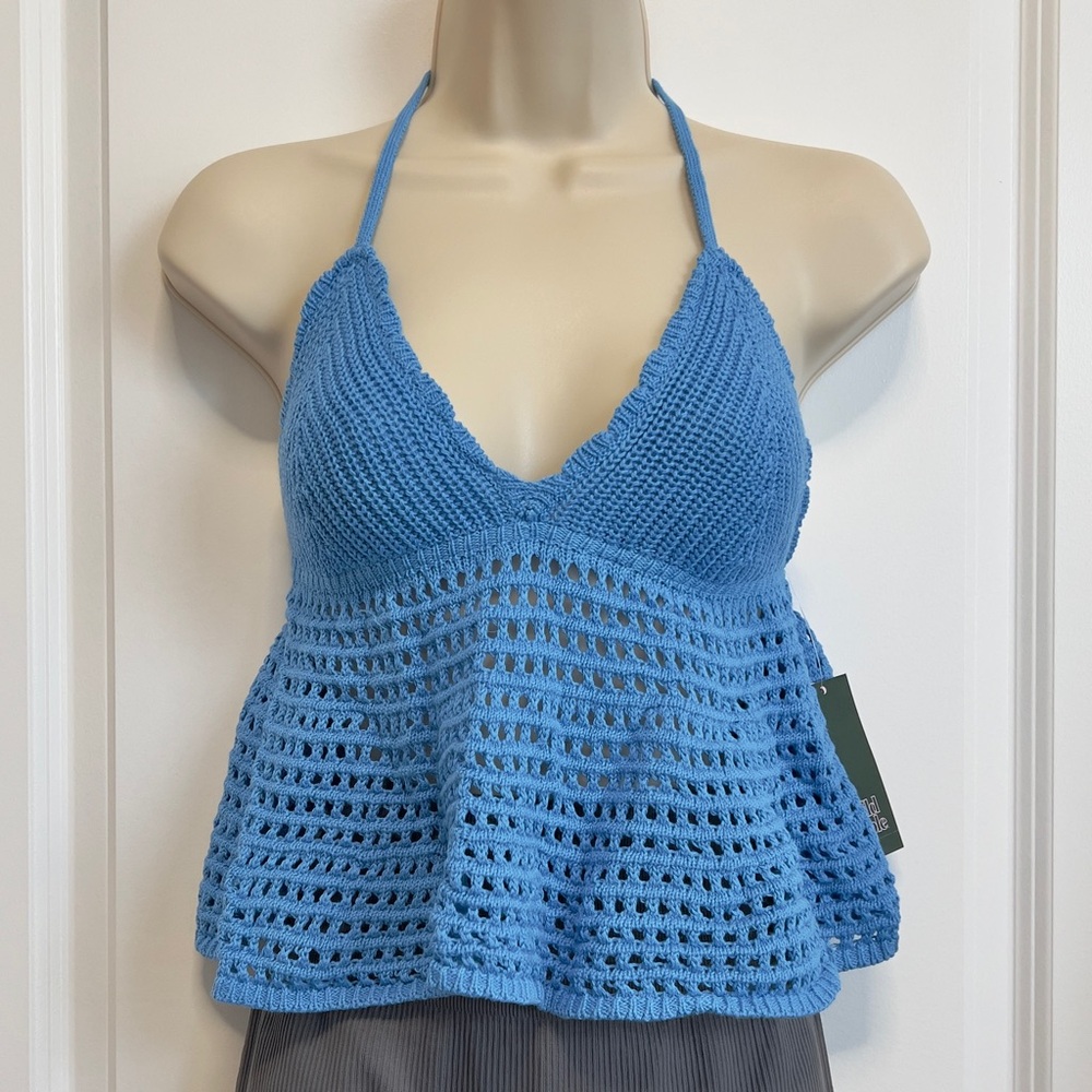 Wild Fable Women’s Crochet Halter Tank Top XXS Blue Knit Sleeveless Summer Boho